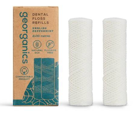 Nić dentystyczna JEDWABNA z dodatkiem ANGIELSKIEJ MIĘTY PIEPRZOWEJ, naturalna, bez plastiku, UZUPEŁNIENIE, 2x30m, Georganics