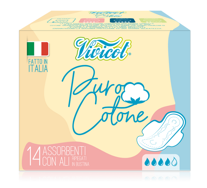 Podpaski NA DZIEŃ, ze skrzydełkami, niebielona chlorem bawełna w kontakcie ze skórą, 14 sztuk, Vivicot Puro Cotone