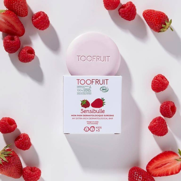Kostka dermatologiczna, TRUSKAWKA I MALINA, bogata formuła, do każdego rodzaju skóry, zamiast mydła, 85g, Toofruit