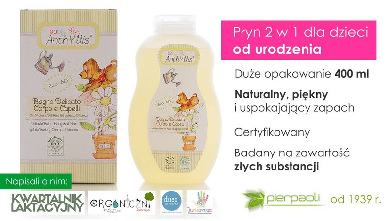 Delikatny płyn do kąpieli i szampon 2 w 1, proteiny ryżu, ekstrakt z hibiskusa z upraw organicznych, 400 ml, Baby Anthyllis