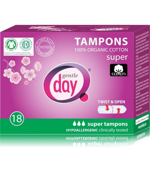 Tampony 100% certyfikowanej bawełny ekologicznej, SUPER 18 szt., Gentle Day