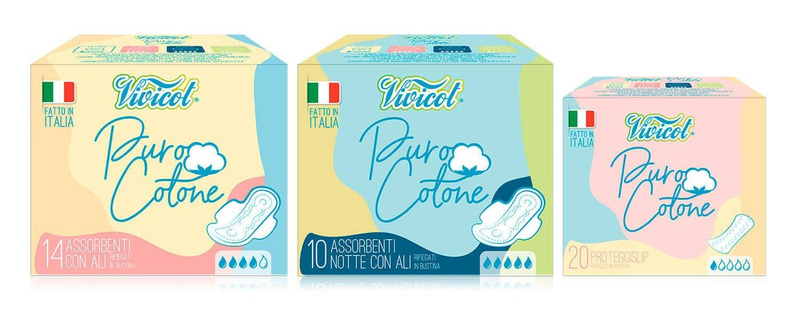 Podpaski NA DZIEŃ, ze skrzydełkami, niebielona chlorem bawełna w kontakcie ze skórą, 14 sztuk, Vivicot Puro Cotone