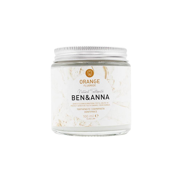 BEN and ANNA, Naturalna pasta do wrażliwych zębów z fluorem ORANGE, szklany słoik ZERO WASTE, 100 ml